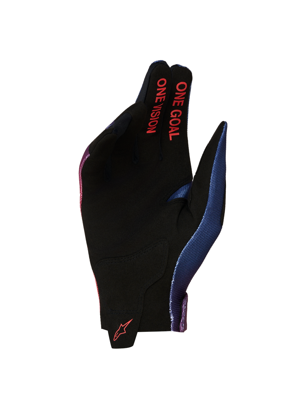 Rękawice Alpinestars Radar 2027, męskie rękawice motocrossowe, czarna zamszowa dłoń, czerwony napis One Goal One Vision.