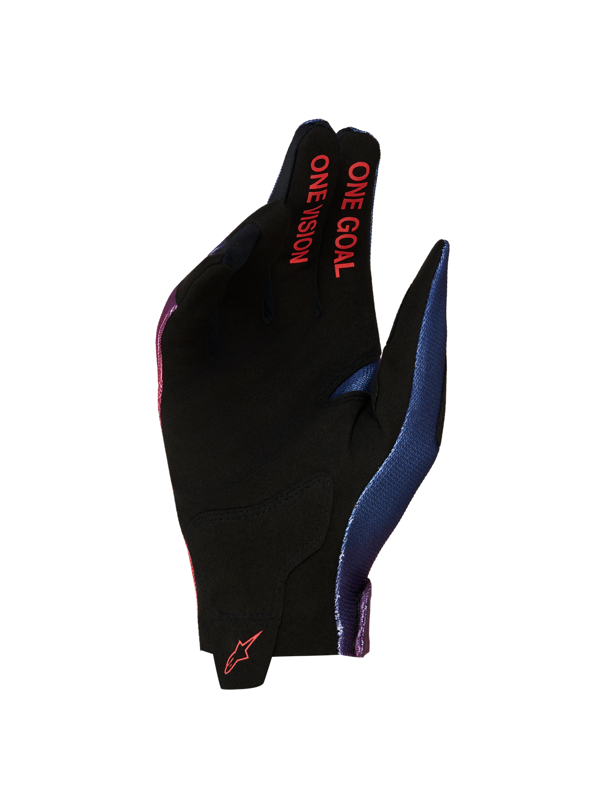 Rękawice Alpinestars Radar 2027, męskie rękawice motocrossowe, czarna zamszowa dłoń, czerwony napis One Goal One Vision.