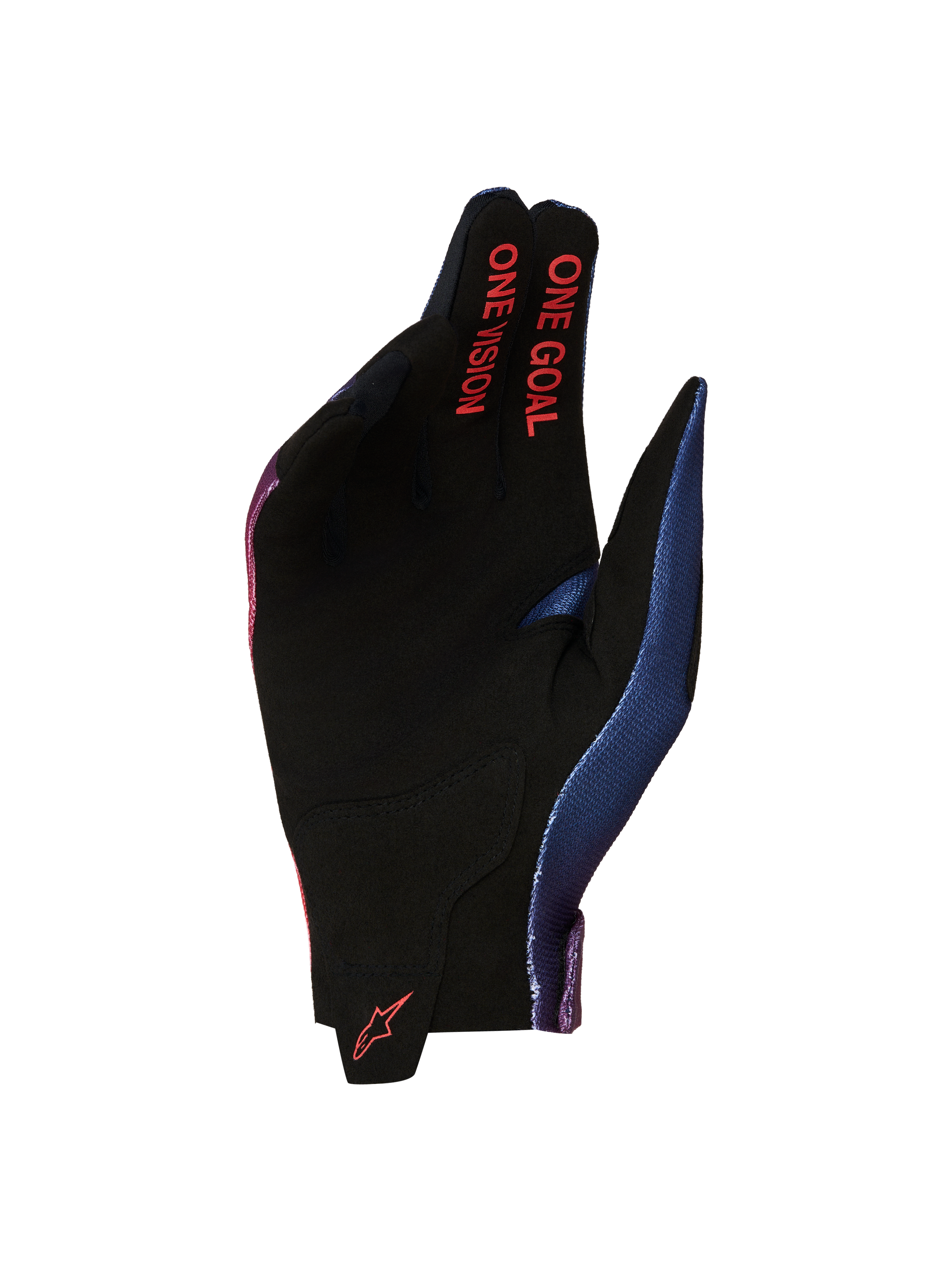 Rękawice Alpinestars Radar 2027, męskie rękawice motocrossowe, czarna zamszowa dłoń, czerwony napis One Goal One Vision.