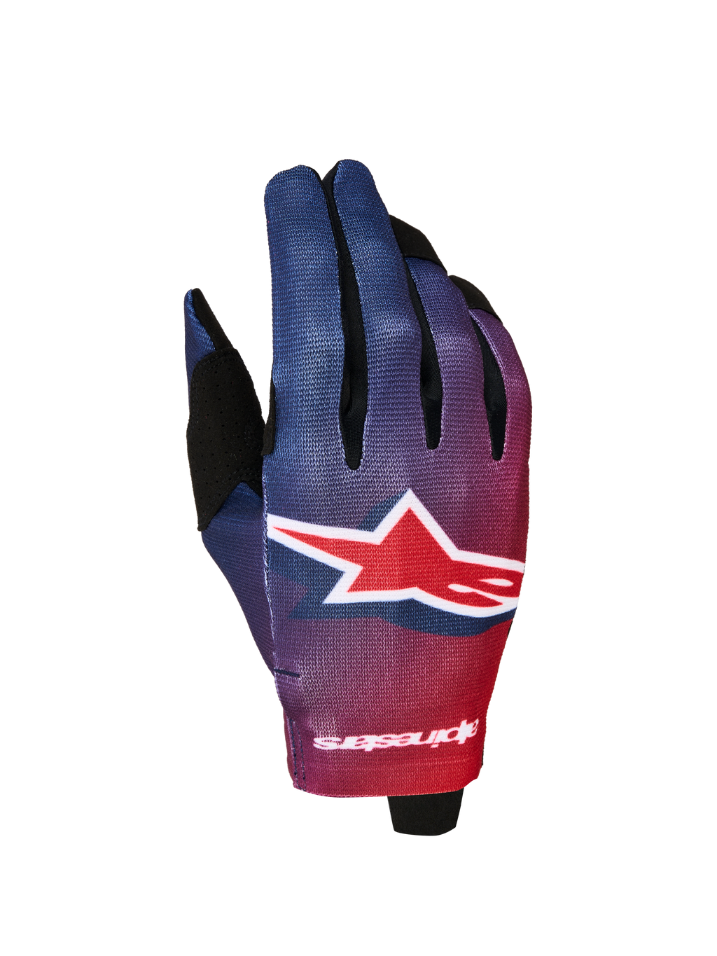 Alpinestars Rękawice Radar 2027, męskie rękawice motocrossowe, czerwono-niebieski gradient, duże logo z gwiazdą, lekkie.