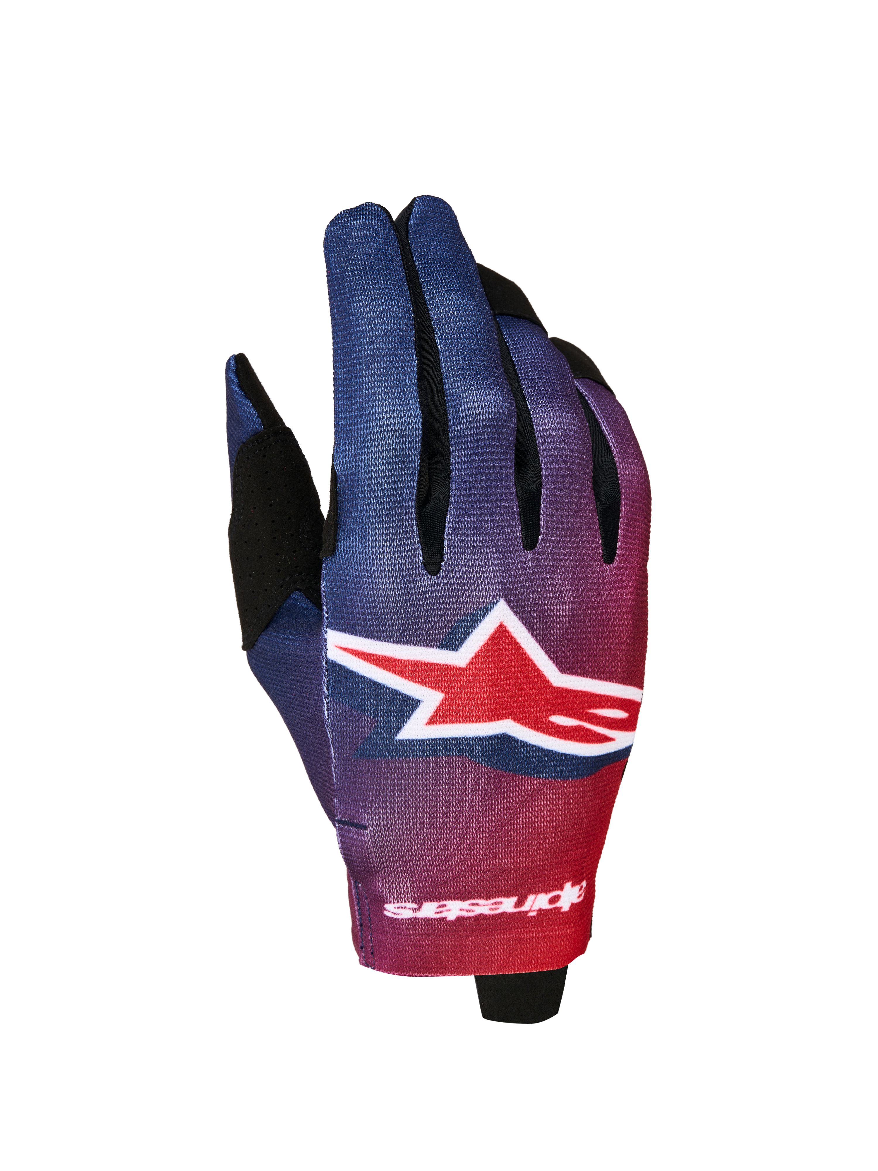 Alpinestars Rękawice Radar 2027, męskie rękawice motocrossowe, czerwono-niebieski gradient, duże logo z gwiazdą, lekkie.