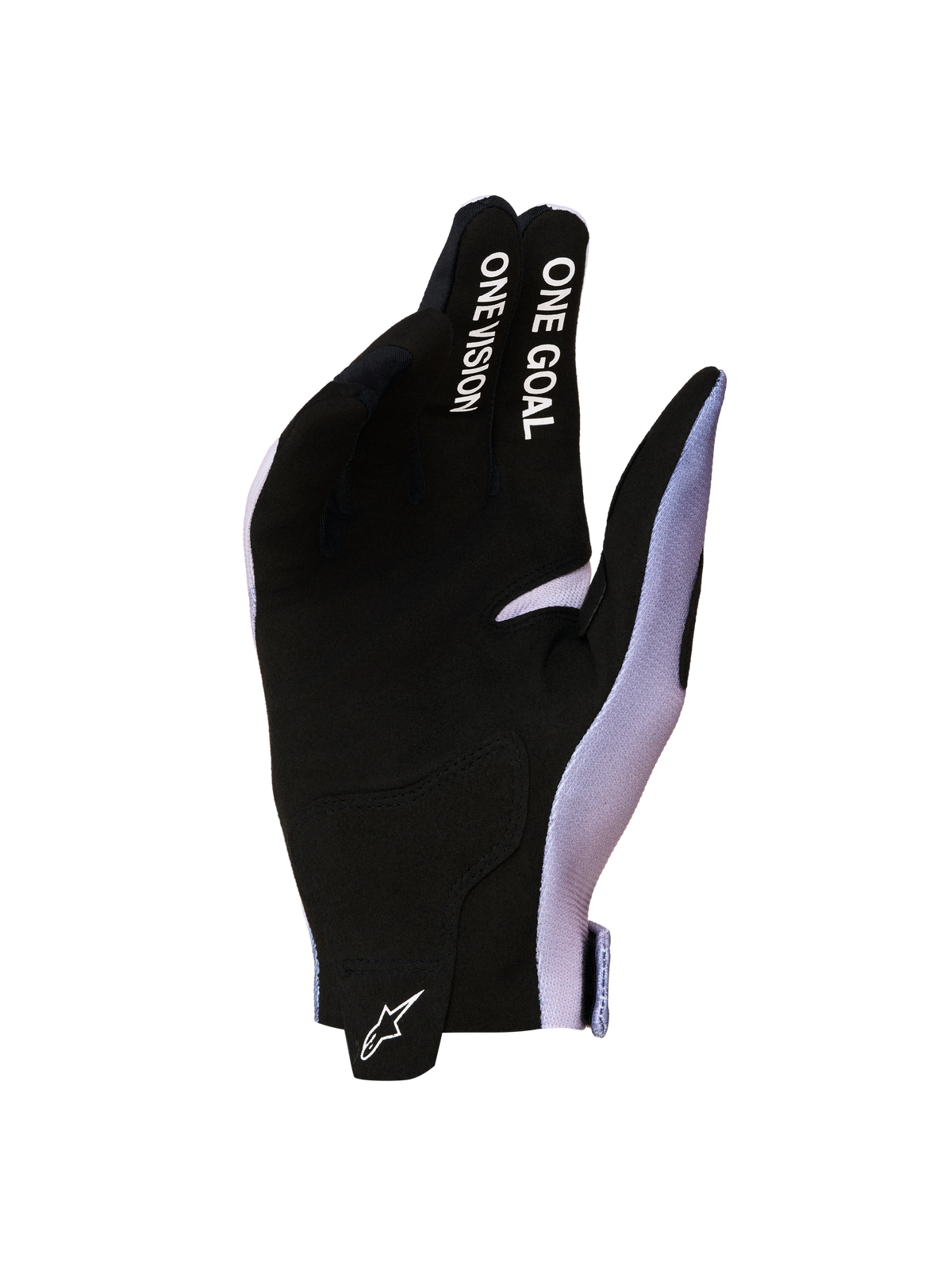 Alpinestars Radar 2027, męskie rękawice motocyklowe motocrossowe, czarne i jasnofioletowe, dłoń z syntetycznego zamszu, biały napis ONE GOAL ONE VISION na palcach.