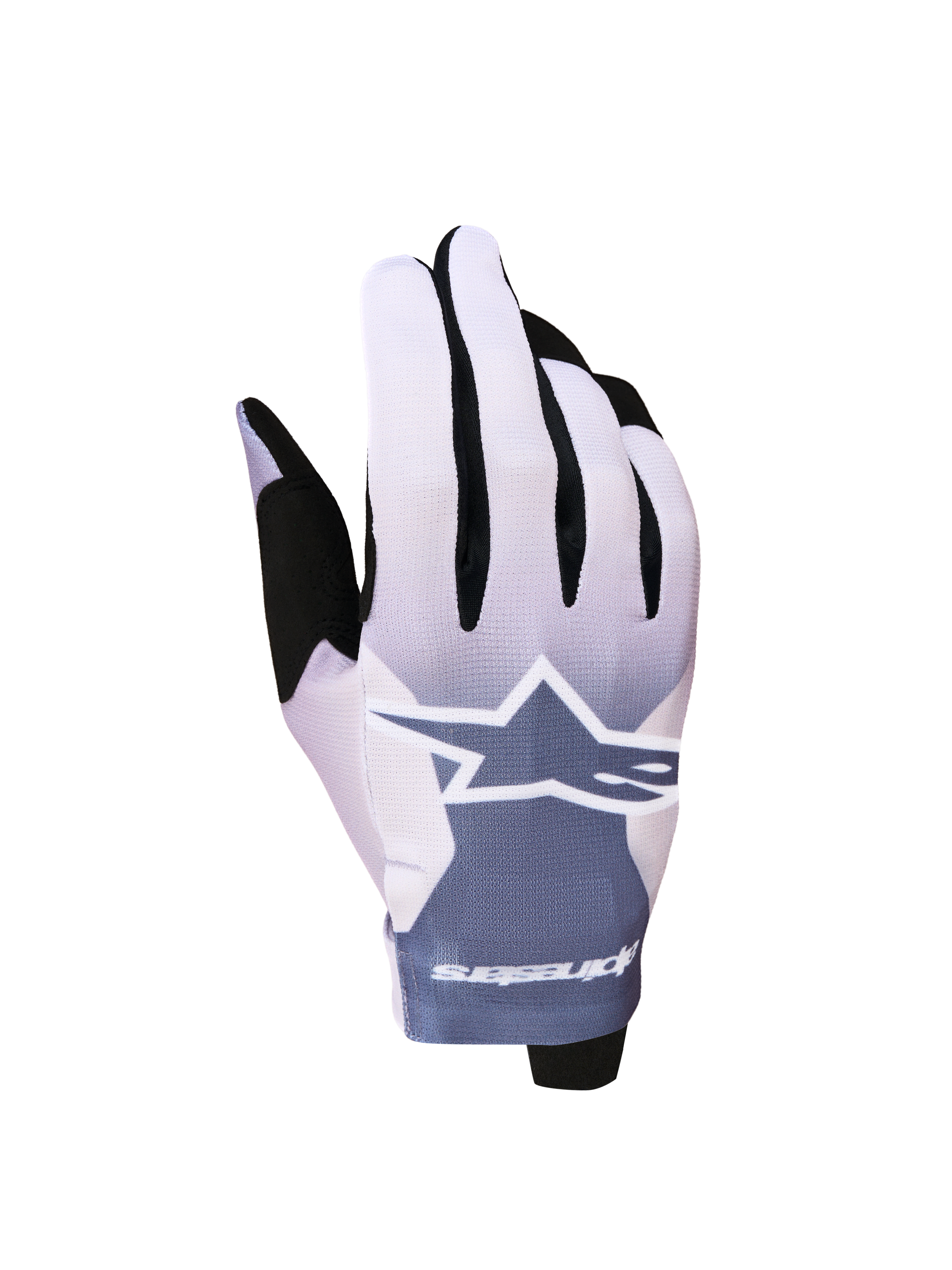 Rękawice Alpinestars Radar 2027, rękawice motocrossowe, szare i jasnoliliowe, białe logo Astars i sublimowany wzór.