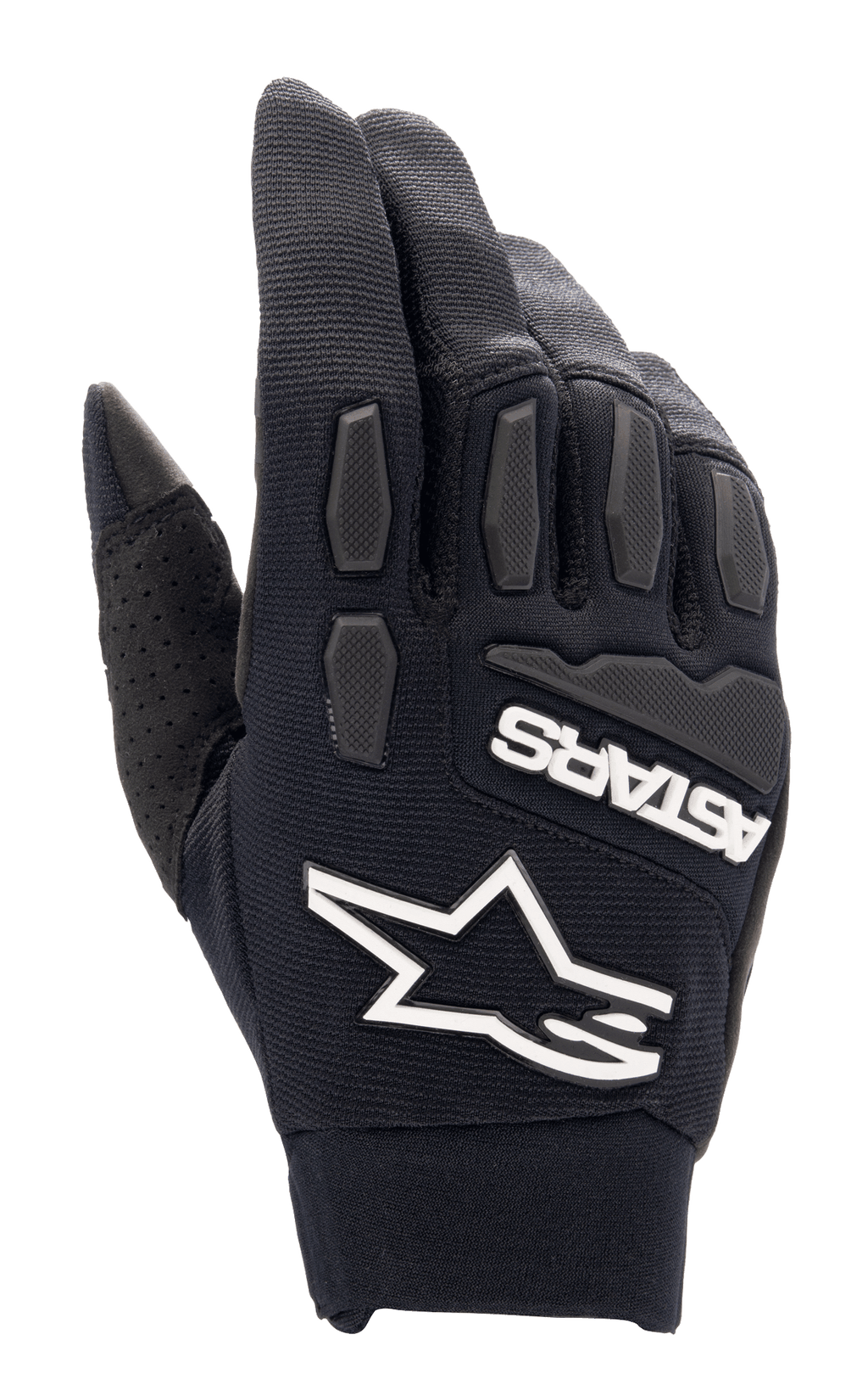 Alpinestars Full Bore XT Gloves, Black Motocross Gloves, featuring prominent white Alpinestars star logo and ASTARS branding, textured TPR knuckle and finger protection, breathable stretch fabric with perforated thumb detail, designed for enduro and off-road riding.