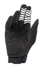 Alpinestars Full Bore XT Gloves, Black, palm side view showing synthetic suede construction with white chevron grip patterns on the fingers and an ergonomic wrist closure, designed for Enduro and off-road riding.