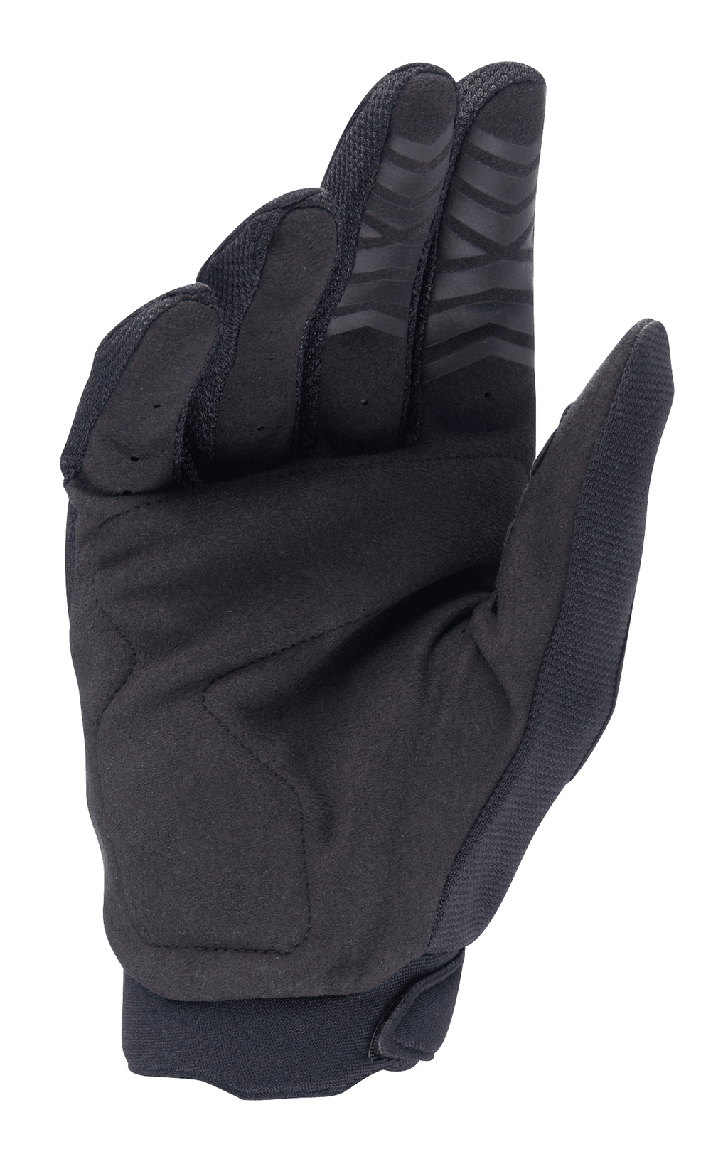 Alpinestars Honda Full Bore Gloves, rękawice motocrossowe, czarne, widok wewnętrznej części dłoni z syntetycznego zamszu dla trwałości, silikonowy nadruk na opuszkach palców i wzmocniona naszywka na kciuku, zaprojektowane do jazdy off-road