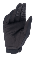 Alpinestars Honda Full Bore Gloves, rękawice motocrossowe, czarne, widok wewnętrznej części dłoni z syntetycznego zamszu dla trwałości, silikonowy nadruk na opuszkach palców i wzmocniona naszywka na kciuku, zaprojektowane do jazdy off-road