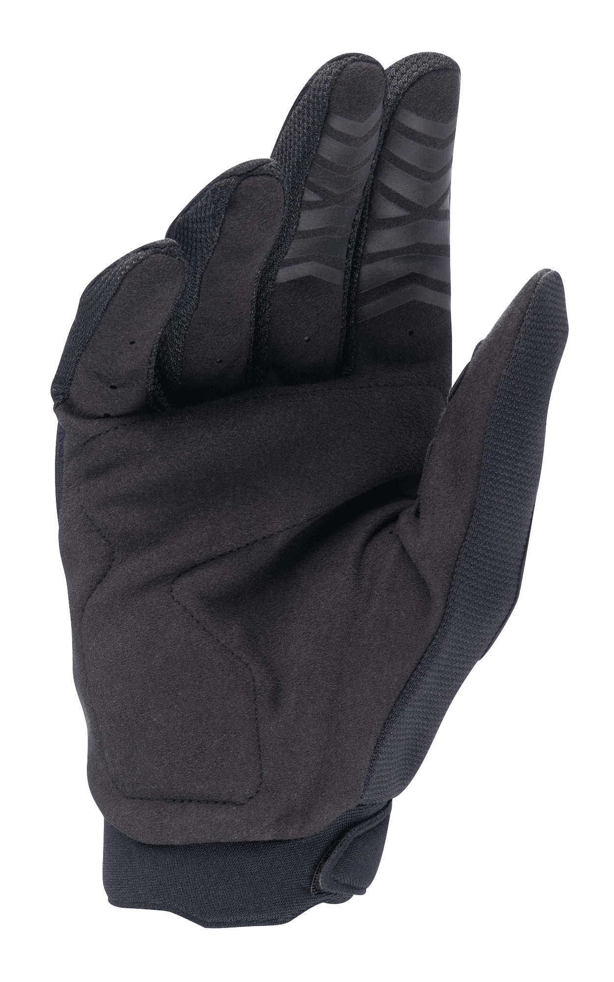 Alpinestars Honda Full Bore Gloves, rękawice motocrossowe, czarne, widok wewnętrznej części dłoni z syntetycznego zamszu dla trwałości, silikonowy nadruk na opuszkach palców i wzmocniona naszywka na kciuku, zaprojektowane do jazdy off-road