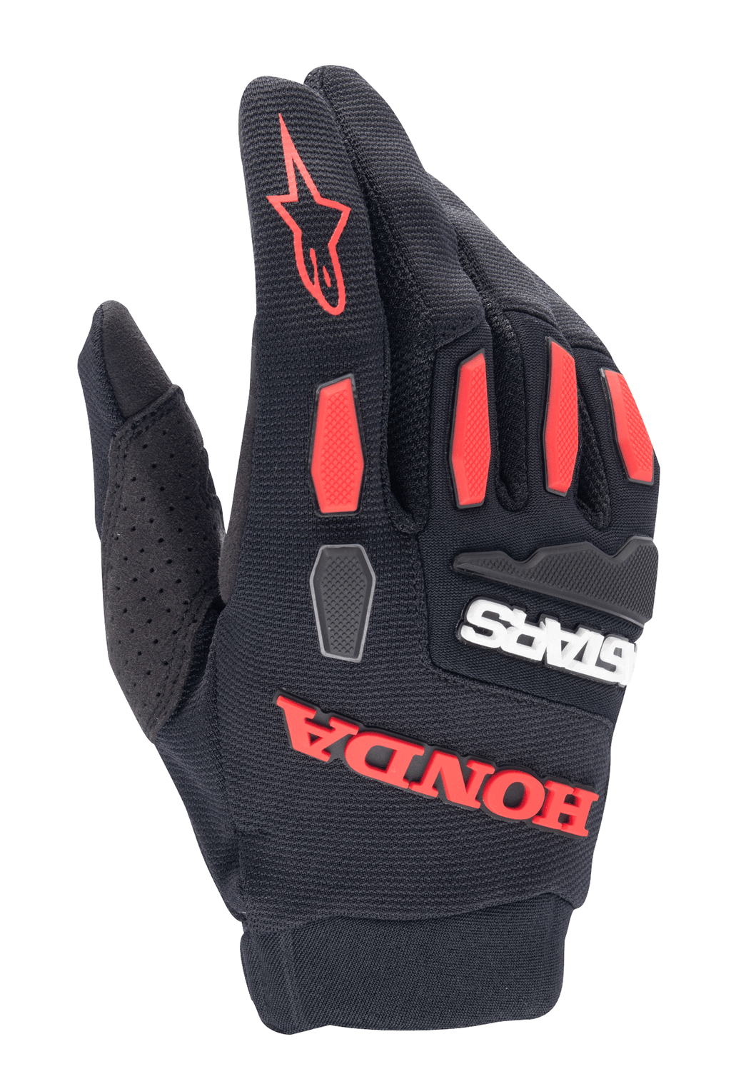 Rękawice Alpinestars Honda Full Bore, rękawice motocrossowe, czarne z jaskrawoczerwonymi elementami, ochraniacze kostek TPR i wyraziste gumowane logo Honda, oddychająca elastyczna konstrukcja tekstylna do jazdy terenowej