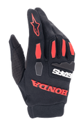 Rękawice Alpinestars Honda Full Bore, rękawice motocrossowe, czarne z jaskrawoczerwonymi elementami, ochraniacze kostek TPR i wyraziste gumowane logo Honda, oddychająca elastyczna konstrukcja tekstylna do jazdy terenowej