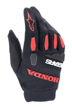 Rękawice Alpinestars Honda Full Bore, rękawice motocrossowe, czarne z jaskrawoczerwonymi elementami, ochraniacze kostek TPR i wyraziste gumowane logo Honda, oddychająca elastyczna konstrukcja tekstylna do jazdy terenowej