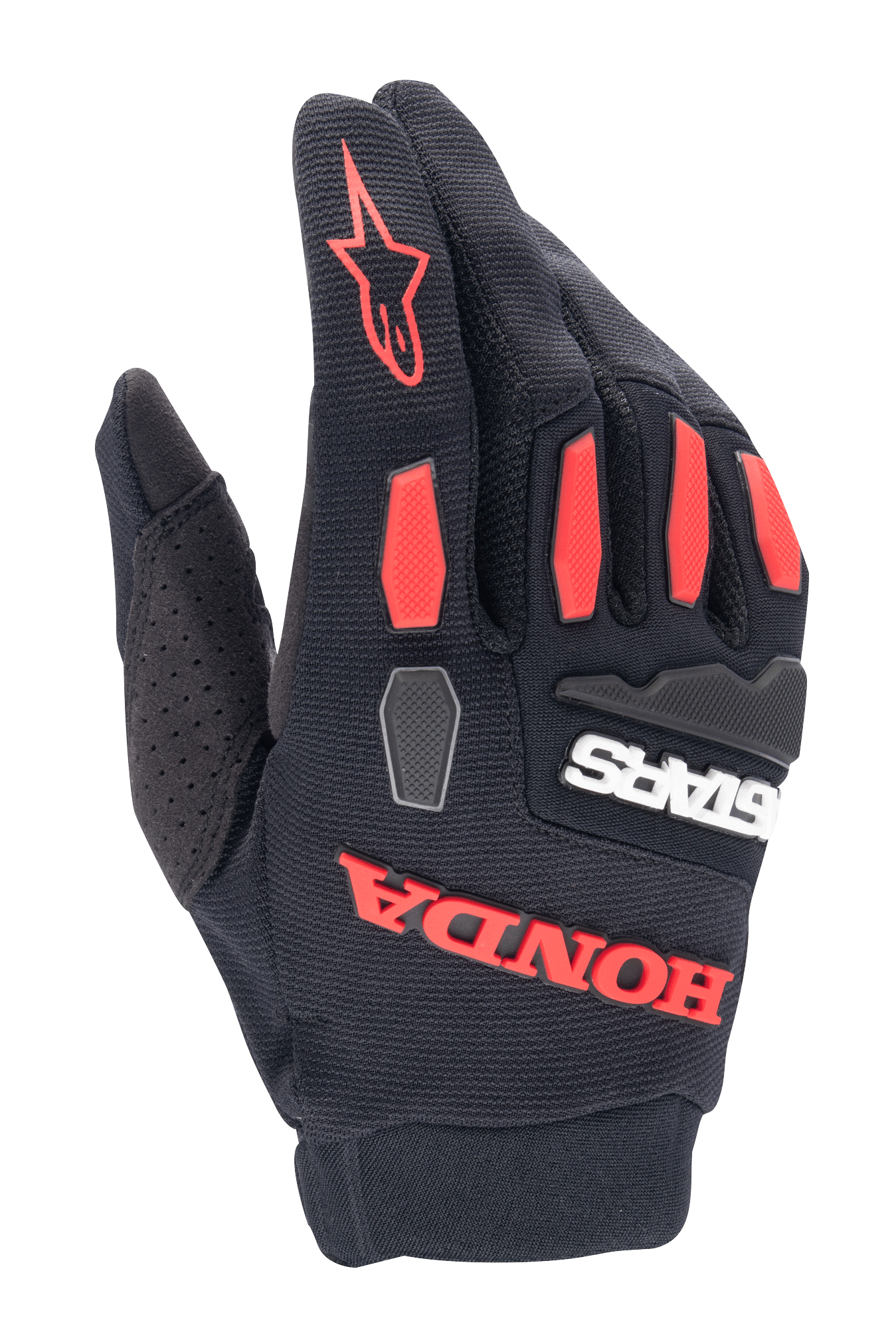 Rękawice Alpinestars Honda Full Bore, rękawice motocrossowe, czarne z jaskrawoczerwonymi elementami, ochraniacze kostek TPR i wyraziste gumowane logo Honda, oddychająca elastyczna konstrukcja tekstylna do jazdy terenowej