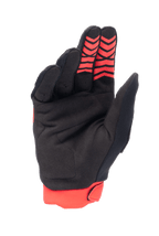 Rękawice Alpinestars Honda Full Bore, rękawice motocrossowe, jaskrawoczerwone i czarne, widok dłoni z materiału z syntetycznego zamszu, czerwone silikonowe wzory na opuszkach palców, czerwony elastyczny mankiet, wytrzymała konstrukcja do wyścigów terenowych