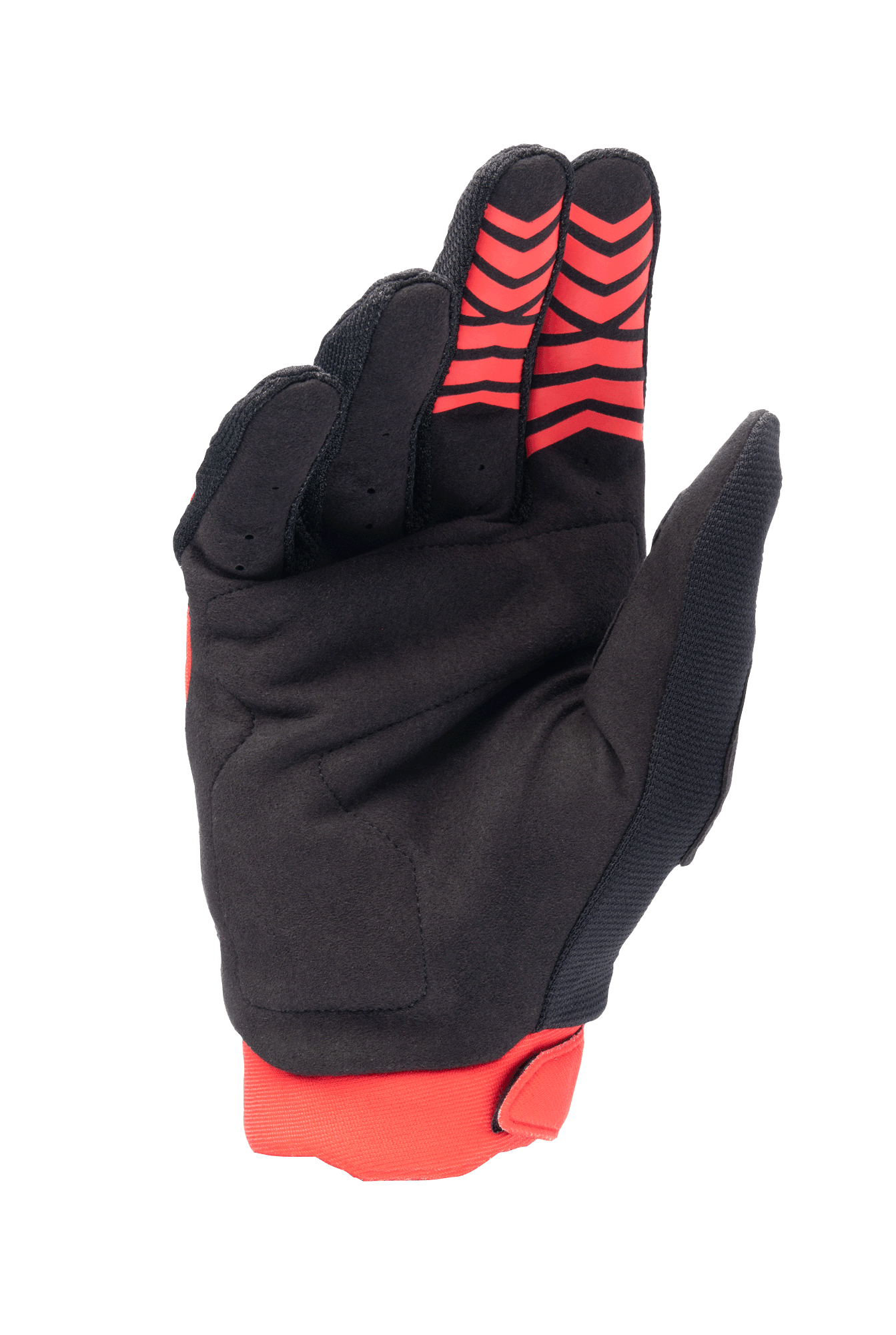 Rękawice Alpinestars Honda Full Bore, rękawice motocrossowe, jaskrawoczerwone i czarne, widok dłoni z materiału z syntetycznego zamszu, czerwone silikonowe wzory na opuszkach palców, czerwony elastyczny mankiet, wytrzymała konstrukcja do wyścigów terenowych
