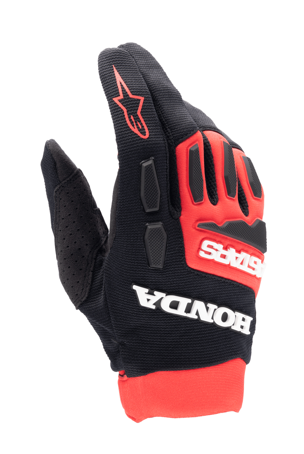 Alpinestars Honda Full Bore Gloves, rękawice motocrossowe, jaskrawoczerwone i czarne, wyraźne białe logo Honda i Astars, ochraniacze kostek TPR, oddychająca elastyczna konstrukcja tekstylna, czerwone logo gwiazdy na palcu, sportowy design off-road