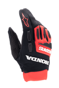 Alpinestars Honda Full Bore Gloves, rękawice motocrossowe, jaskrawoczerwone i czarne, wyraźne białe logo Honda i Astars, ochraniacze kostek TPR, oddychająca elastyczna konstrukcja tekstylna, czerwone logo gwiazdy na palcu, sportowy design off-road