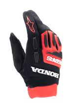 Alpinestars Honda Full Bore Gloves, rękawice motocrossowe, jaskrawoczerwone i czarne, wyraźne białe logo Honda i Astars, ochraniacze kostek TPR, oddychająca elastyczna konstrukcja tekstylna, czerwone logo gwiazdy na palcu, sportowy design off-road