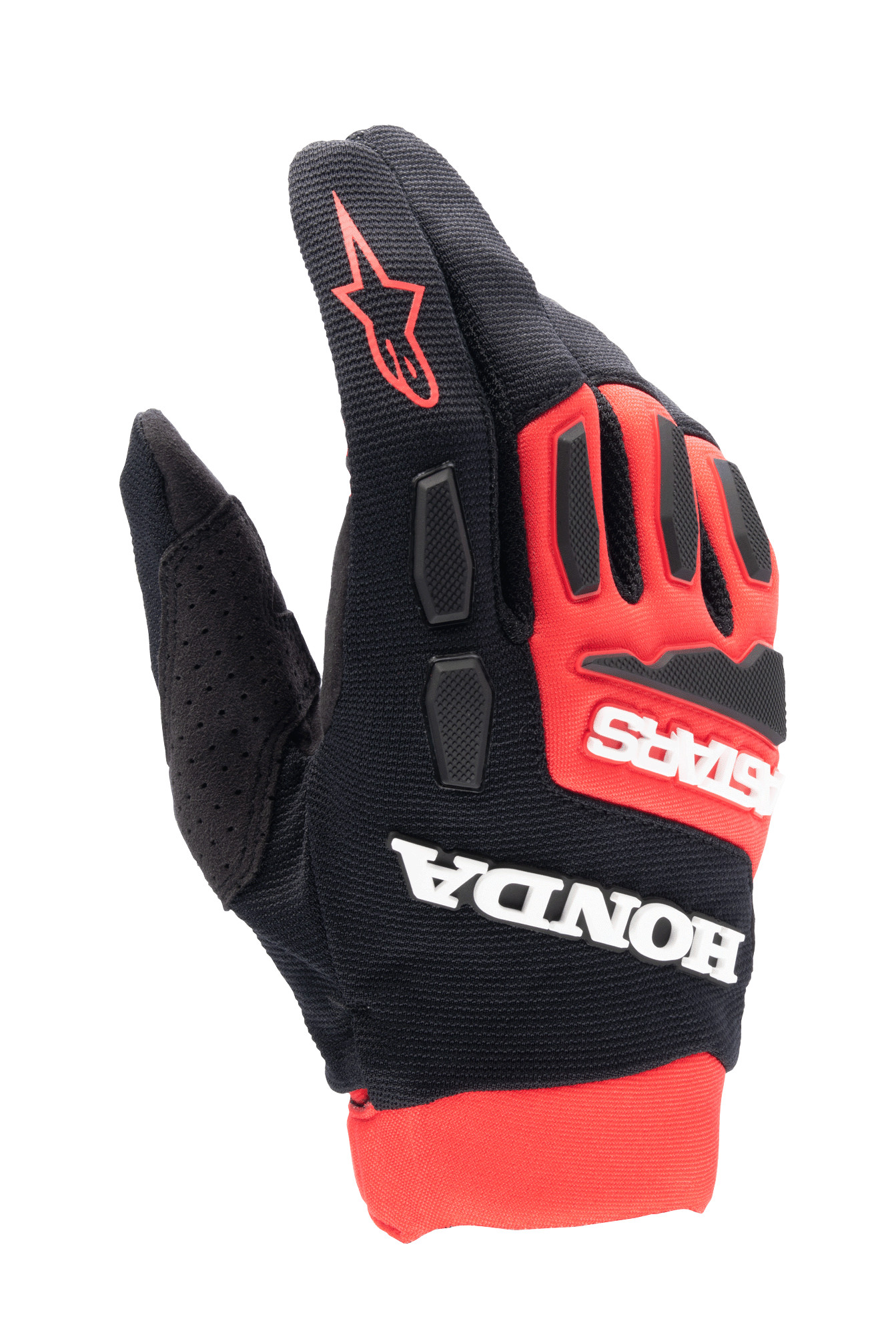 Alpinestars Honda Full Bore Gloves, rękawice motocrossowe, jaskrawoczerwone i czarne, wyraźne białe logo Honda i Astars, ochraniacze kostek TPR, oddychająca elastyczna konstrukcja tekstylna, czerwone logo gwiazdy na palcu, sportowy design off-road