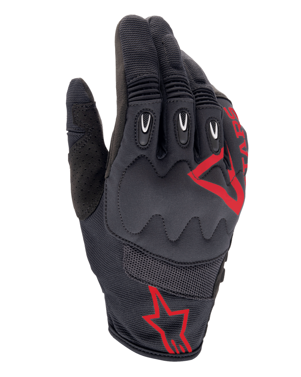 Alpinestars Techdura Gloves, Fire Red Black, Motocross and Enduro Riding Gloves, black textured fabric with red star logos, reinforced knuckle and finger protection, breathable mesh panels, durable off-road motorcycle gear