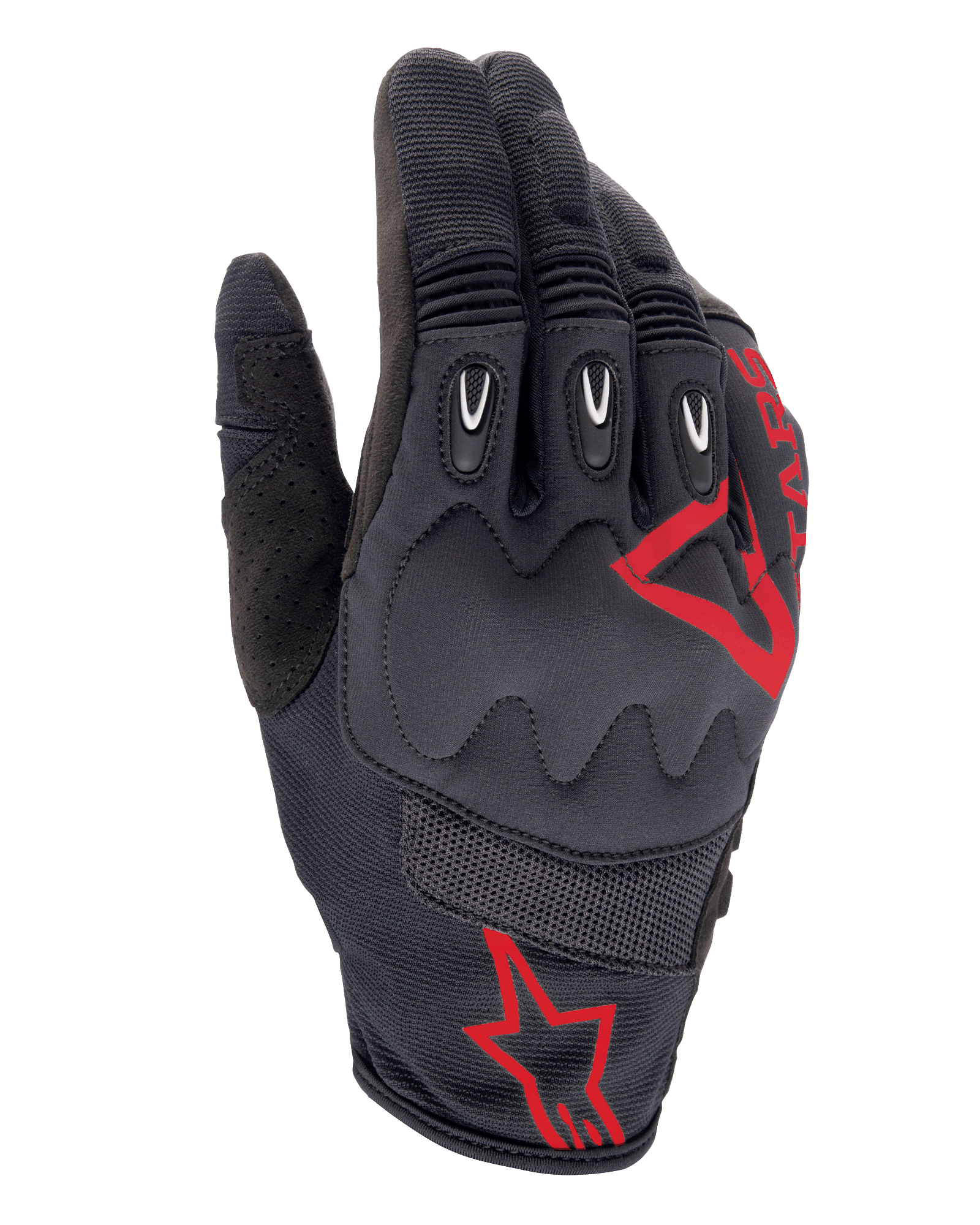 Alpinestars Techdura Gloves, Fire Red Black, Motocross and Enduro Riding Gloves, black textured fabric with red star logos, reinforced knuckle and finger protection, breathable mesh panels, durable off-road motorcycle gear