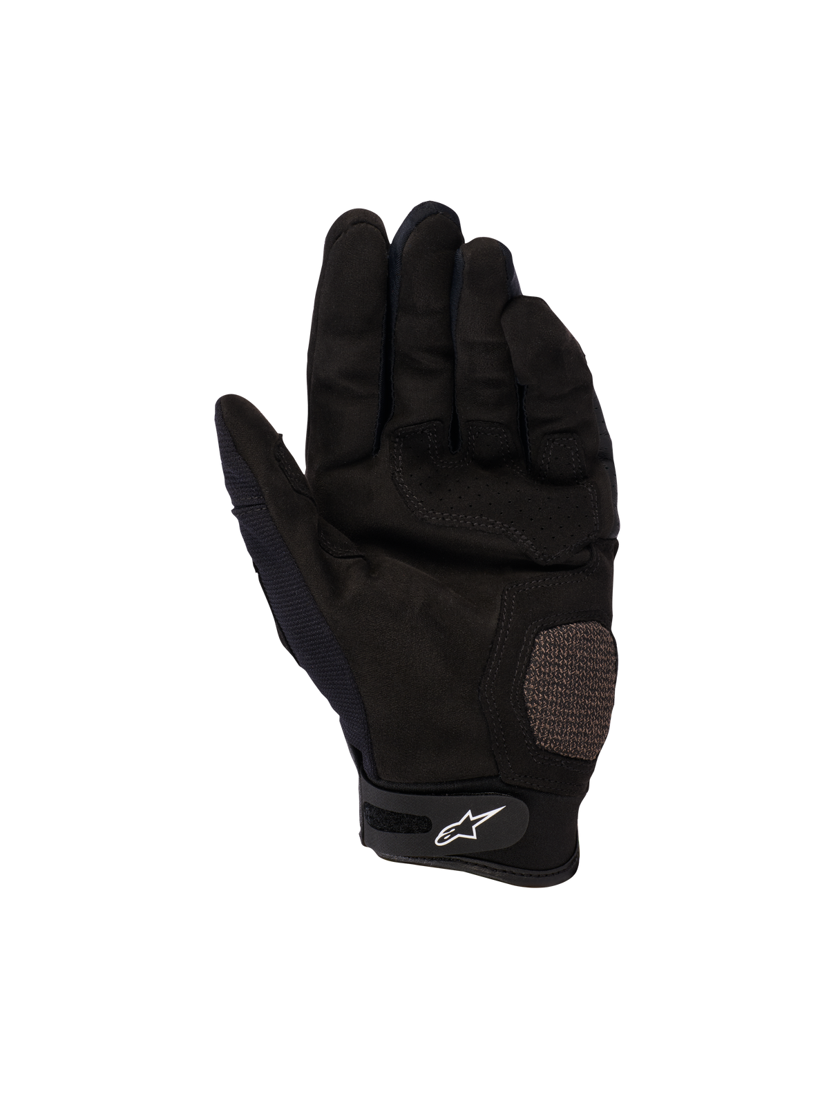 Rękawice Alpinestars Megawatt V2, rękawice motocrossowe i enduro, czarne, widok dłoni pokazujący wzmocnione sekcje dłoni i kciuka, perforowana tekstura zapewniająca wentylację, pasek na rzep przy nadgarstku z białym logo Alpinestars