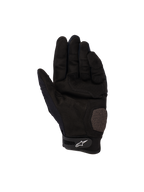 Rękawice Alpinestars Megawatt V2, rękawice motocrossowe i enduro, czarne, widok dłoni pokazujący wzmocnione sekcje dłoni i kciuka, perforowana tekstura zapewniająca wentylację, pasek na rzep przy nadgarstku z białym logo Alpinestars