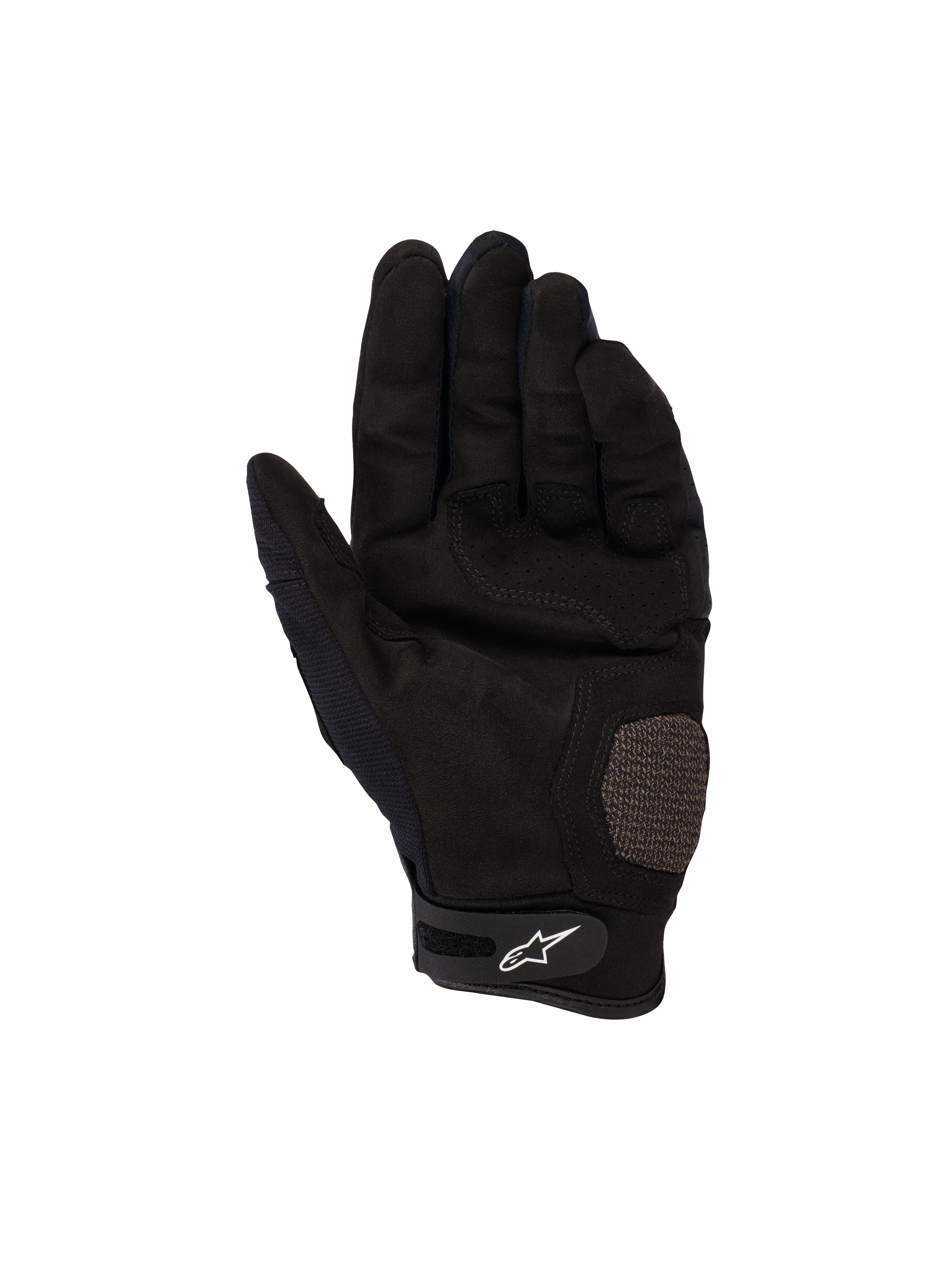 Rękawice Alpinestars Megawatt V2, rękawice motocrossowe i enduro, czarne, widok dłoni pokazujący wzmocnione sekcje dłoni i kciuka, perforowana tekstura zapewniająca wentylację, pasek na rzep przy nadgarstku z białym logo Alpinestars