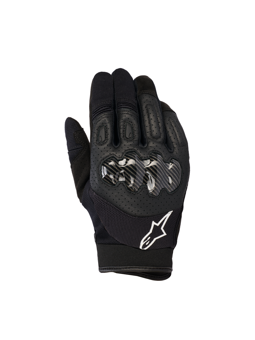 Rękawice Alpinestars Megawatt V2, rękawice do motocrossu i enduro, czarne, twardy ochraniacz kostek o wykończeniu imitującym włókno węglowe, perforowana skóra na wierzchu dłoni dla oddychalności, białe logo Alpinestars na mankiecie, trwała ochrona off-road