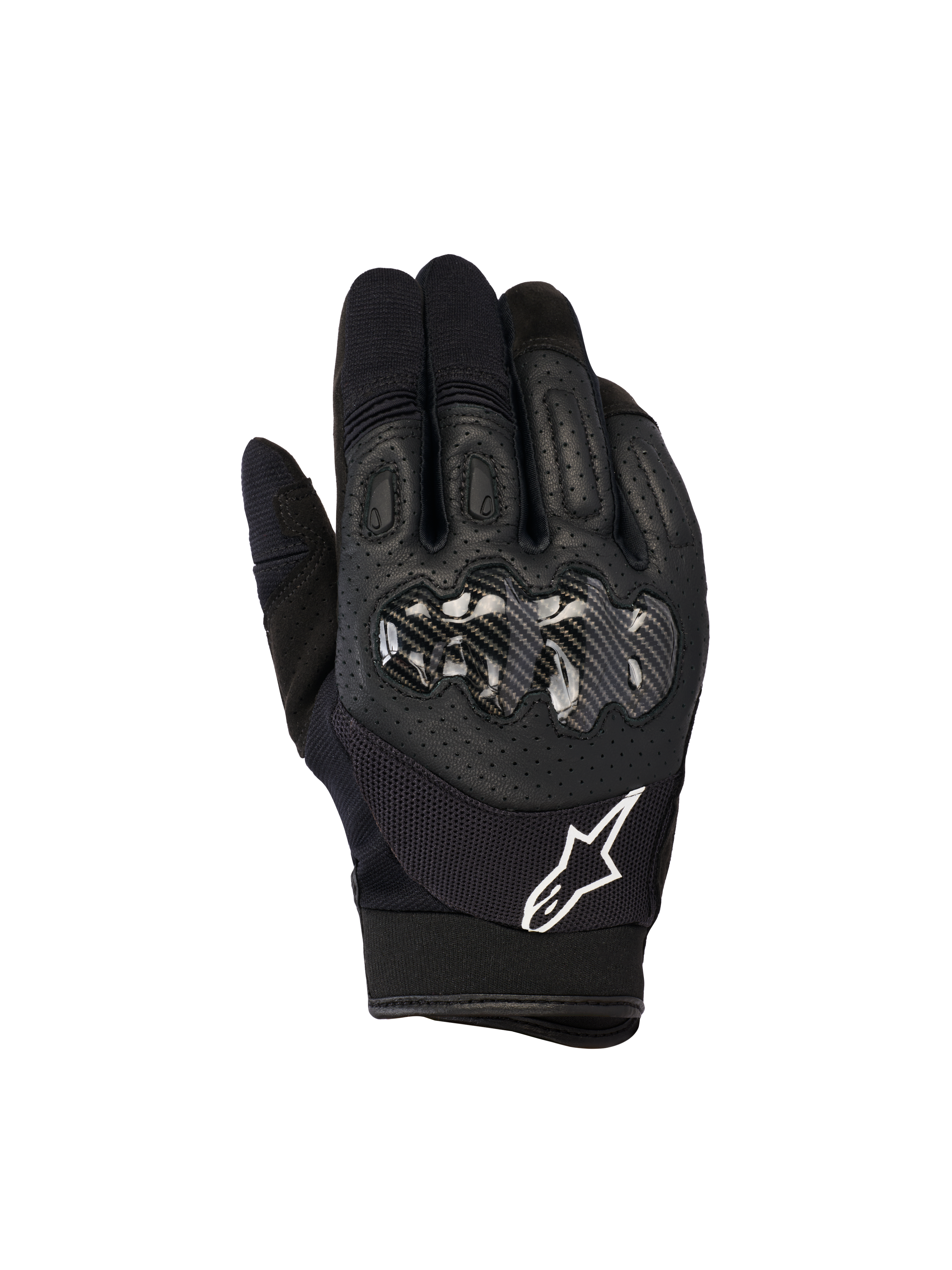 Rękawice Alpinestars Megawatt V2, rękawice do motocrossu i enduro, czarne, twardy ochraniacz kostek o wykończeniu imitującym włókno węglowe, perforowana skóra na wierzchu dłoni dla oddychalności, białe logo Alpinestars na mankiecie, trwała ochrona off-road