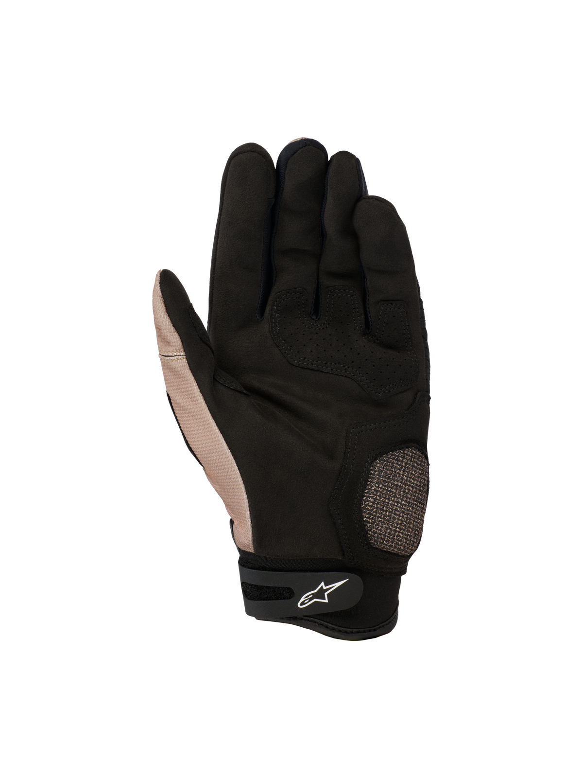 Rękawice Alpinestars Megawatt V2, rękawice motocrossowe off-road, Stone Black, widok od strony dłoni prezentujący wzmocniony obszar kciuka i dłoni, teksturowany chwyt oraz regulację nadgarstka na rzep z białym logo Alpinestars
