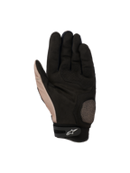 Rękawice Alpinestars Megawatt V2, rękawice motocrossowe off-road, Stone Black, widok od strony dłoni prezentujący wzmocniony obszar kciuka i dłoni, teksturowany chwyt oraz regulację nadgarstka na rzep z białym logo Alpinestars