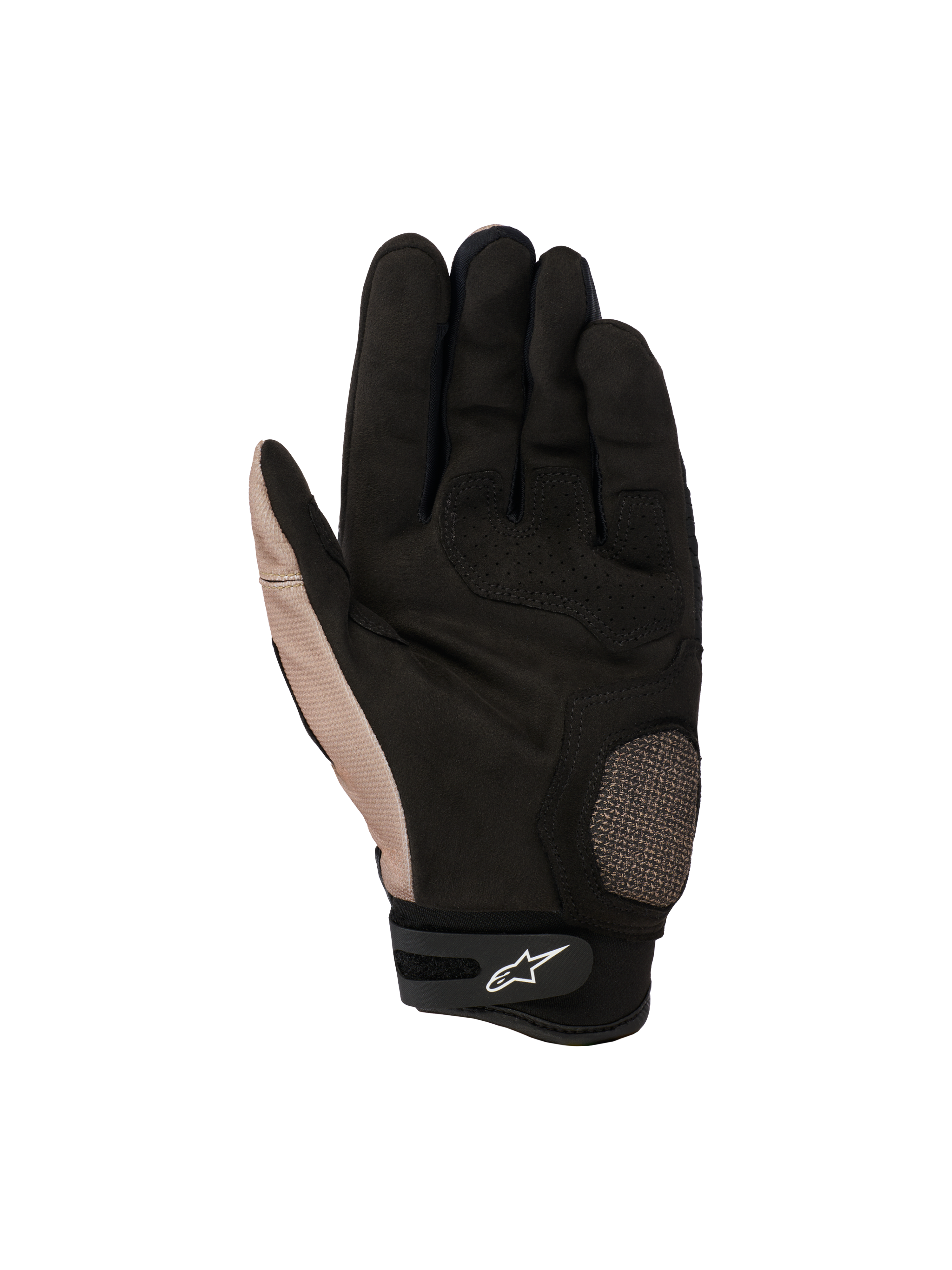 Rękawice Alpinestars Megawatt V2, rękawice motocrossowe off-road, Stone Black, widok od strony dłoni prezentujący wzmocniony obszar kciuka i dłoni, teksturowany chwyt oraz regulację nadgarstka na rzep z białym logo Alpinestars