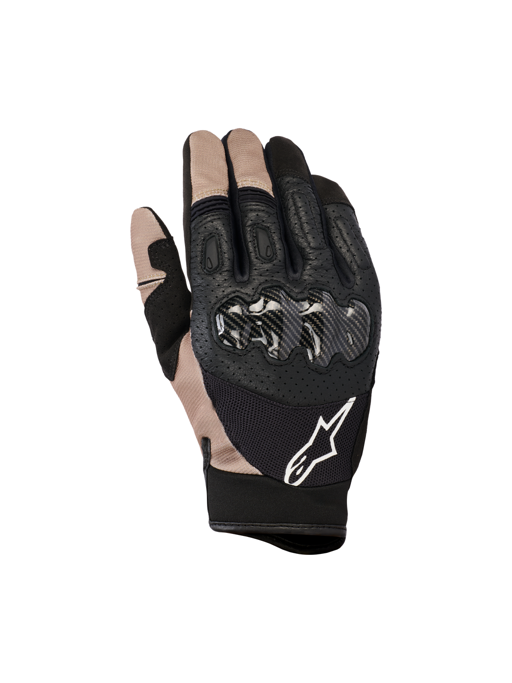 Alpinestars Megawatt V2, rękawice motocrossowe i enduro, czarne i beżowe, ochrona kostek z włókna węglowego, konstrukcja z perforowanej skóry i siatki, białe logo Alpinestars