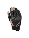 Alpinestars Megawatt V2, rękawice motocrossowe i enduro, czarne i beżowe, ochrona kostek z włókna węglowego, konstrukcja z perforowanej skóry i siatki, białe logo Alpinestars
