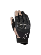 Alpinestars Megawatt V2, rękawice motocrossowe i enduro, czarne i beżowe, ochrona kostek z włókna węglowego, konstrukcja z perforowanej skóry i siatki, białe logo Alpinestars
