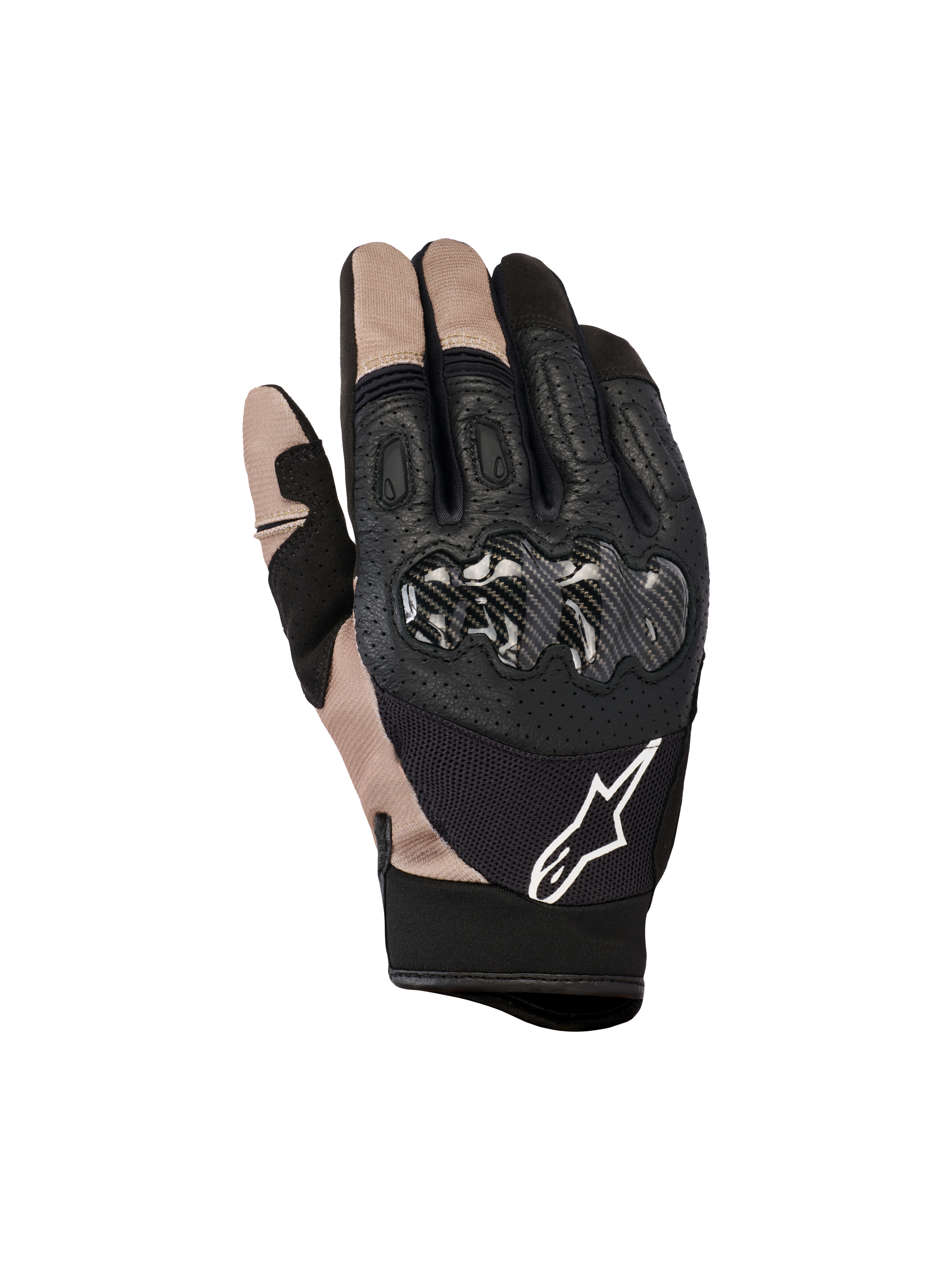 Alpinestars Megawatt V2, rękawice motocrossowe i enduro, czarne i beżowe, ochrona kostek z włókna węglowego, konstrukcja z perforowanej skóry i siatki, białe logo Alpinestars