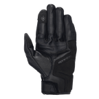 Alpinestars Celer V3 Gloves, czarne skórzane rękawice motocyklowe, widok od strony dłoni prezentujący wzmocnioną wyściółkę i opuszkę palca kompatybilną z ekranami dotykowymi, trwała skóra kozia z subtelnym logo Alpinestars, krótki mankiet