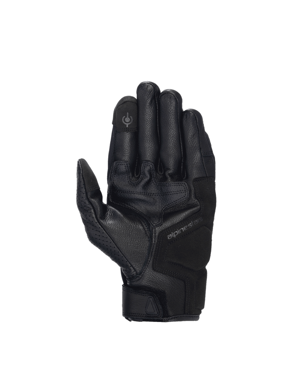 Alpinestars Celer V3, czarne skórzane rękawice motocyklowe, widok dłoni z panelem do obsługi ekranów dotykowych
