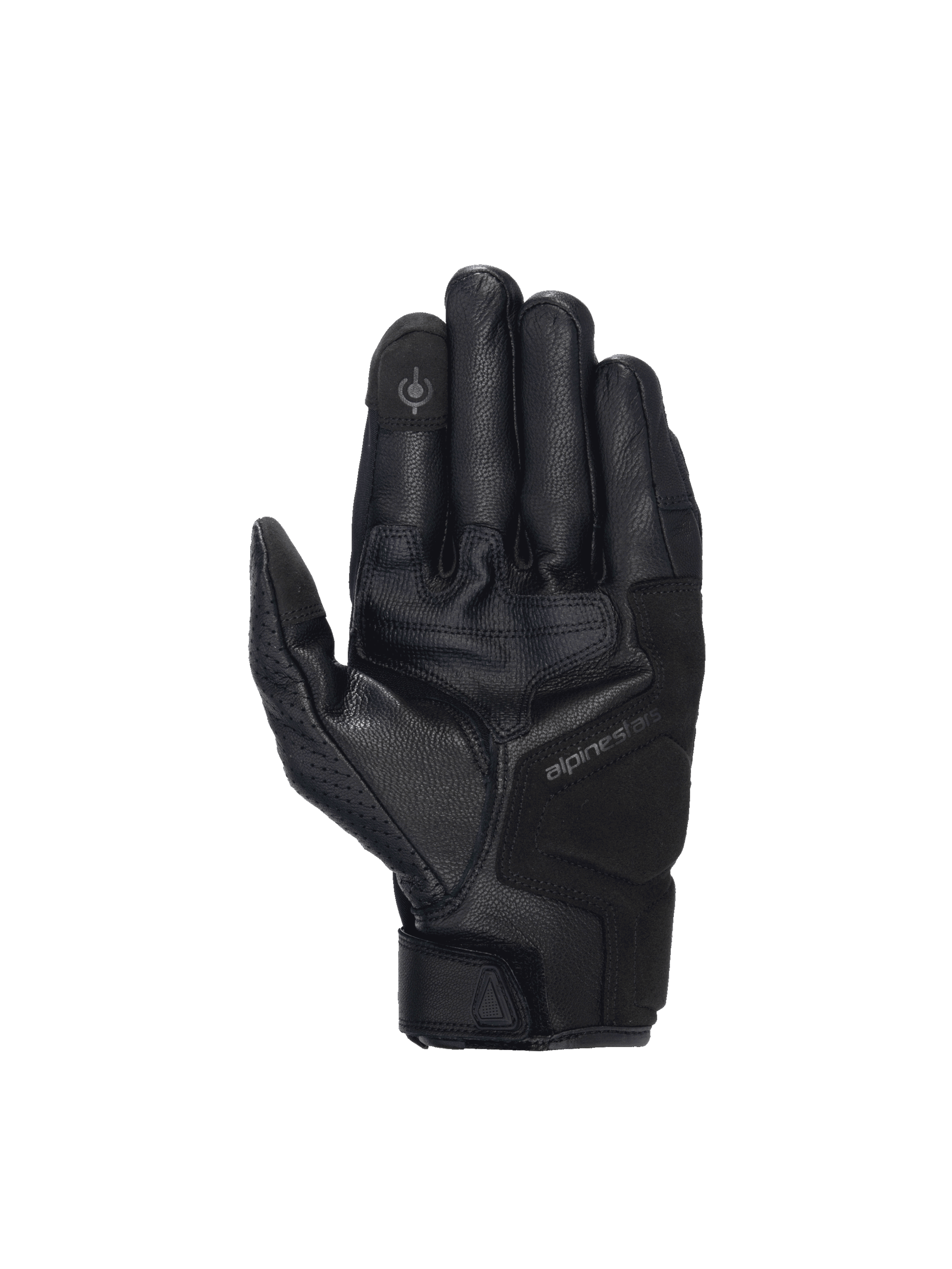 Alpinestars Celer V3, czarne skórzane rękawice motocyklowe, widok dłoni z panelem do obsługi ekranów dotykowych