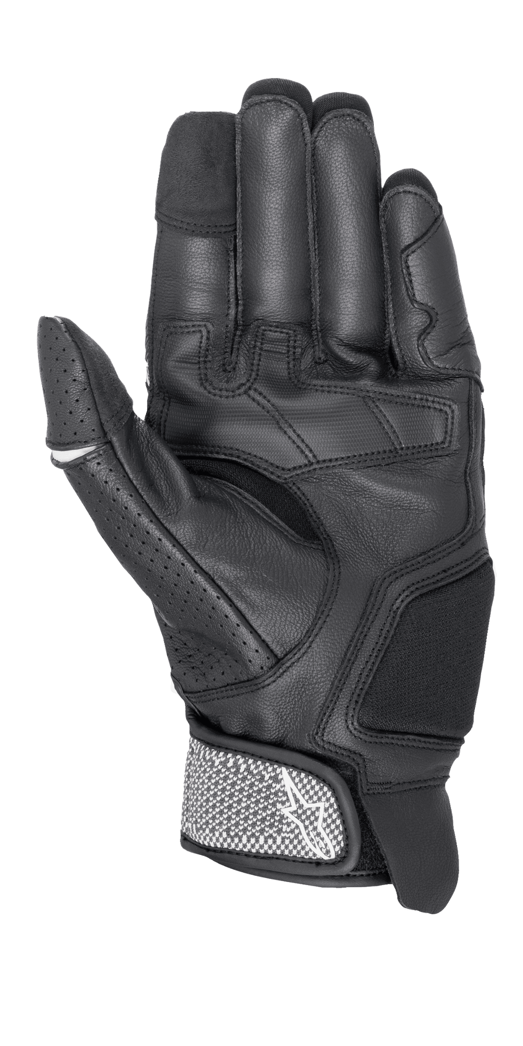 Alpinestars Morph Sport Gloves, rękawice motocyklowe, czarno-białe, widok od strony dłoni przedstawiający wzmocnione panele, perforowany kciuk oraz teksturowany pasek na nadgarstku z logo Alpinestars