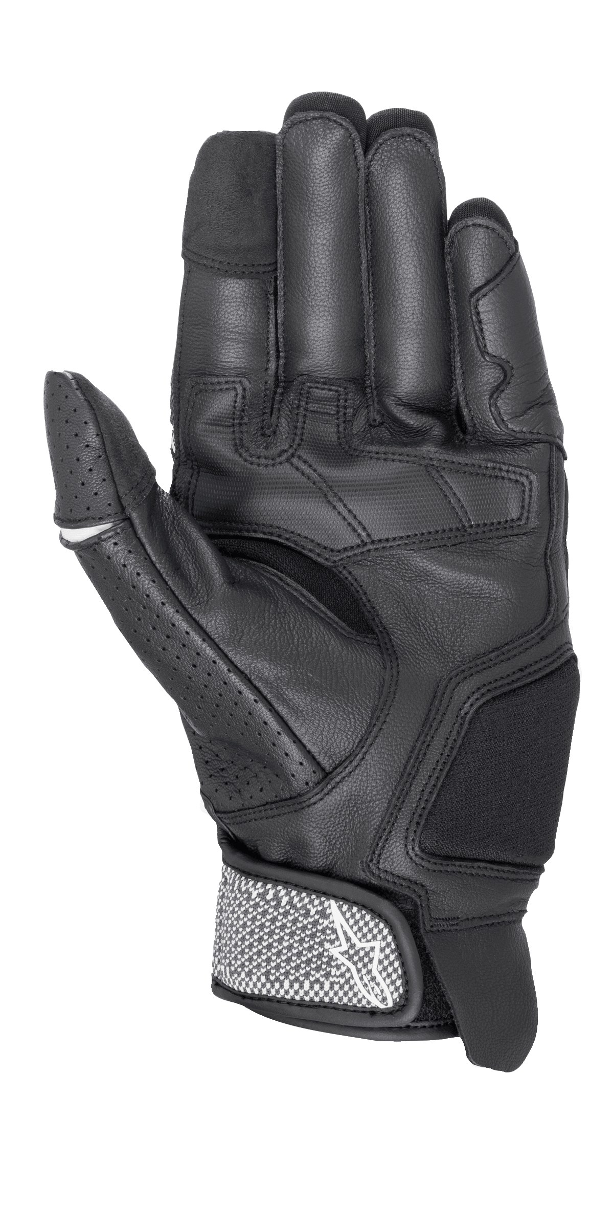 Alpinestars Morph Sport Gloves, rękawice motocyklowe, czarno-białe, widok od strony dłoni przedstawiający wzmocnione panele, perforowany kciuk oraz teksturowany pasek na nadgarstku z logo Alpinestars