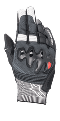 Rękawice Alpinestars Morph Sport, rękawice motocyklowe, czarno-białe, szary splot MorphTech na grzbiecie dłoni, nadlewana ochrona knykci, wkładki RIDEKNIT, białe logo gwiazdy na mankiecie