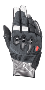Rękawice Alpinestars Morph Sport, rękawice motocyklowe, czarno-białe, szary splot MorphTech na grzbiecie dłoni, nadlewana ochrona knykci, wkładki RIDEKNIT, białe logo gwiazdy na mankiecie
