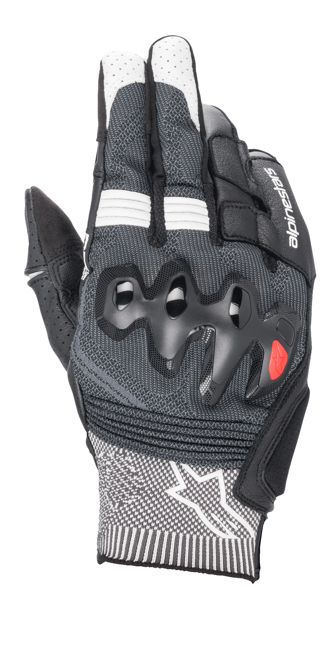 Rękawice Alpinestars Morph Sport, rękawice motocyklowe, czarno-białe, szary splot MorphTech na grzbiecie dłoni, nadlewana ochrona knykci, wkładki RIDEKNIT, białe logo gwiazdy na mankiecie