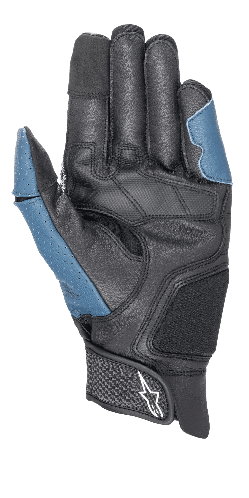 Alpinestars Morph Sport Gloves, palm side view, Black and Blue Sodalite, featuring reinforced leather palm, perforated blue panels on the thumb and outer side, short cuff with hook-and-loop strap and Alpinestars logo, performance gear for sport and road riding