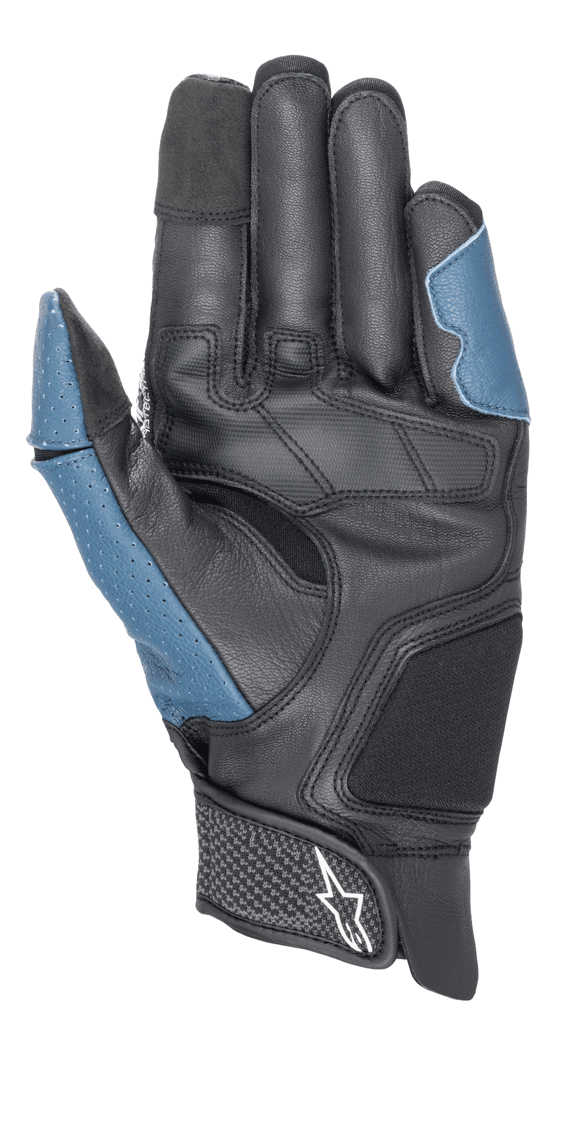 Rękawice Alpinestars Morph Sport, widok od spodu dłoni, czarno-niebieskie (Black Blue Sodalite), wzmocniona skórzana dłoń, perforowane niebieskie panele na kciuku i boku, krótki mankiet z zapięciem na rzep i logo Alpinestars, profesjonalny sprzęt do jazdy sportowej i szosowej
