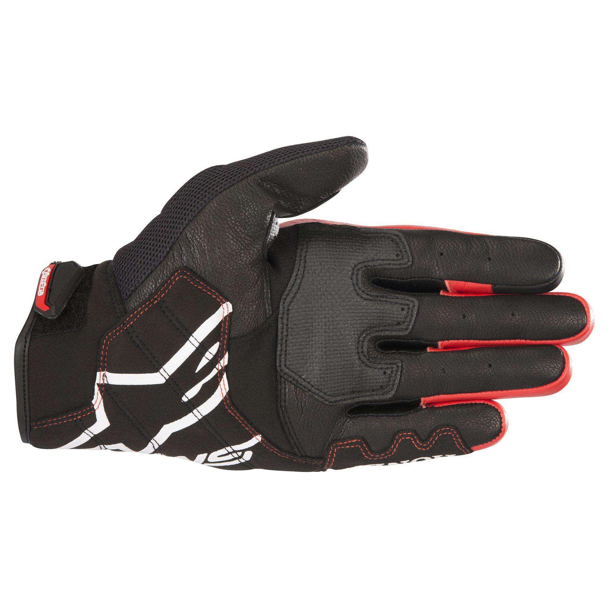 Alpinestars Honda SMX-2 Air Carbon V2 Gloves, Motorcycle Gloves, Black and Red, palm view featuring leather construction with 3D mesh, white Alpinestars logo, reinforced palm and thumb areas for grip, short cuff design.