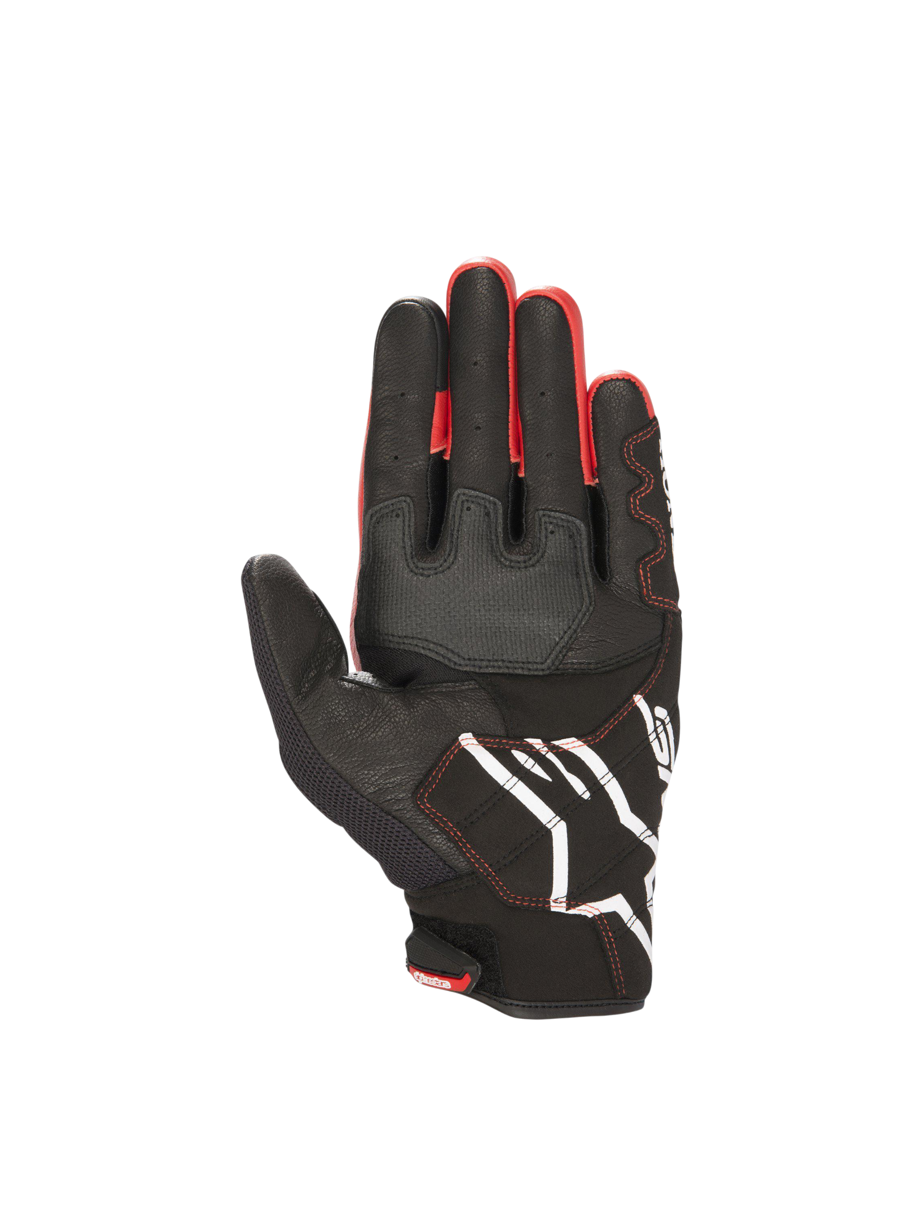 Rękawice Alpinestars Honda SMX-2 Air Carbon V2, widok dłoni, czarne i czerwone, skóra i siatka 3D, zamszowe wzmocnienia chwytu.