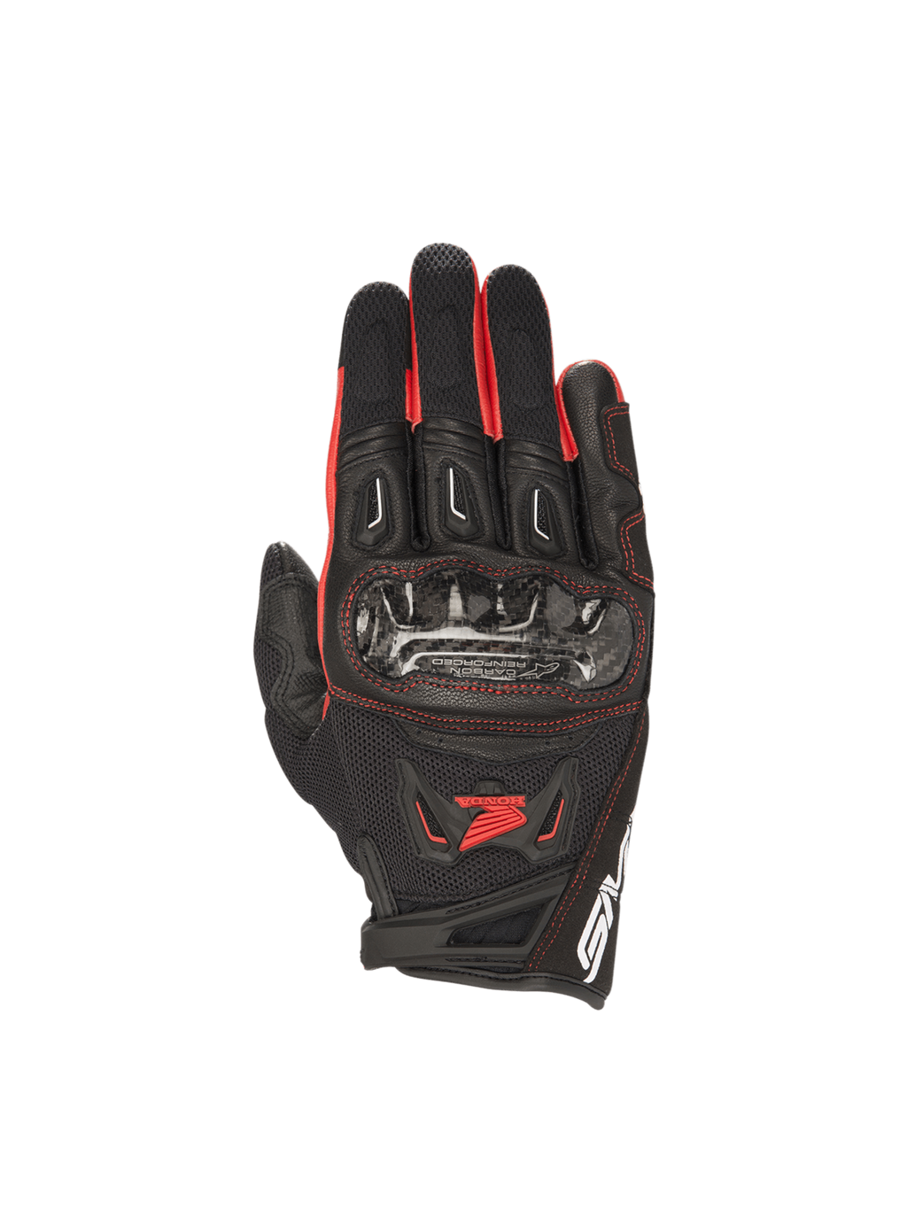 Rękawice Alpinestars Honda SMX-2 Air Carbon V2, czarne i czerwone męskie rękawice motocyklowe, karbonowa ochrona kostek.