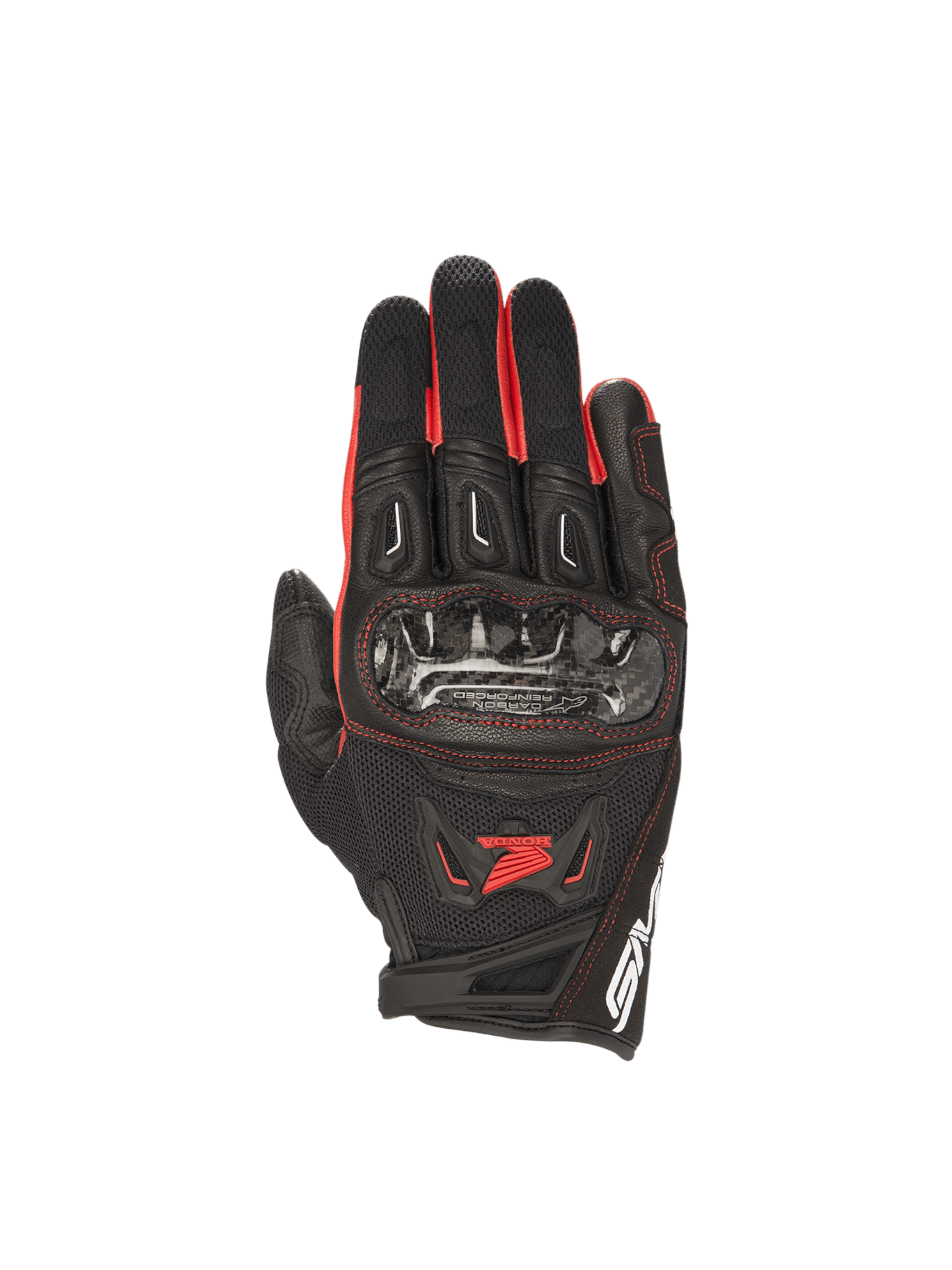 Rękawice Alpinestars Honda SMX-2 Air Carbon V2, czarne i czerwone męskie rękawice motocyklowe, karbonowa ochrona kostek.